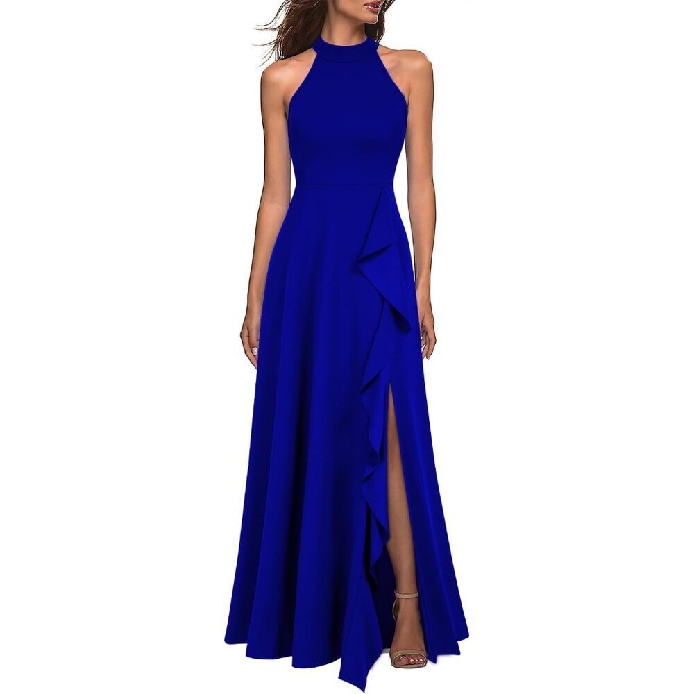 Women's Royal Blue High Neck Split Cocktail Evening Party Long Maxi Formal Dress